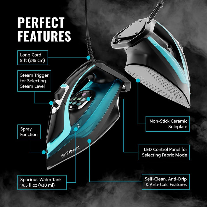 PurSteam SteamTech Elite 1750W Steam Iron, Digital Temp Control & LED Display