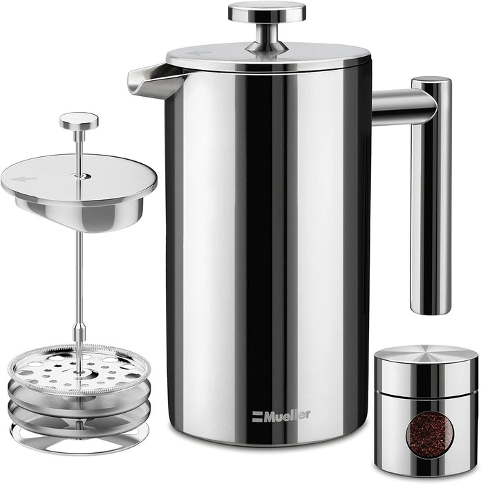 Mueller French Press Coffee Maker 34oz, Stainless Steel, 4 Filter Heat Resistant Double Insulated, Rust-Free, Food Grade, Dishwasher Safe Coffee Pot