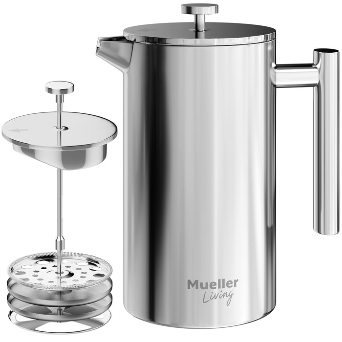 Mueller French Press Coffee Maker 34oz, Stainless Steel, 4 Filter Heat Resistant Double Insulated, Rust-Free, Food Grade, Dishwasher Safe Coffee Pot