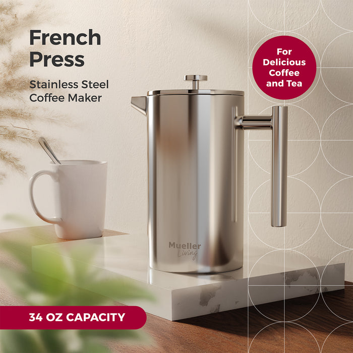 Mueller French Press Coffee Maker 34oz, Stainless Steel, 4 Filter Heat Resistant Double Insulated, Rust-Free, Food Grade, Dishwasher Safe Coffee Pot