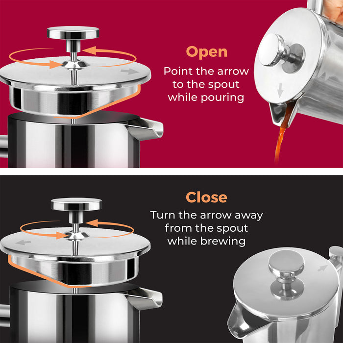 Mueller French Press Coffee Maker 34oz, Stainless Steel, 4 Filter Heat Resistant Double Insulated, Rust-Free, Food Grade, Dishwasher Safe Coffee Pot