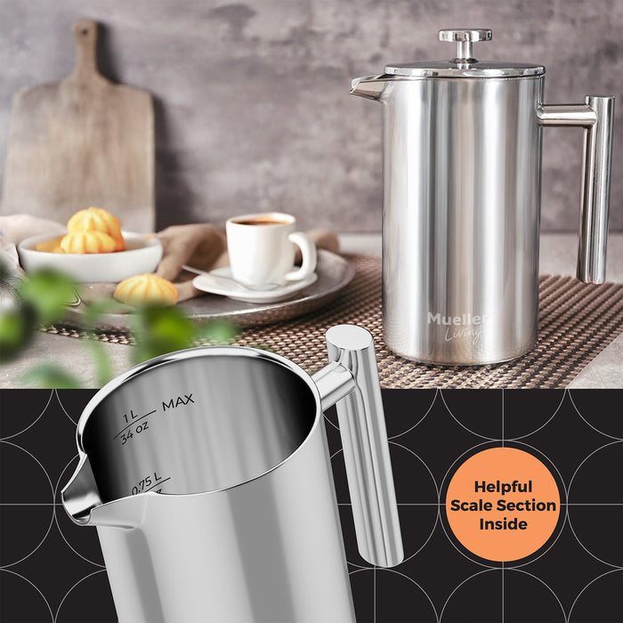 Mueller French Press Coffee Maker 34oz, Stainless Steel, 4 Filter Heat Resistant Double Insulated, Rust-Free, Food Grade, Dishwasher Safe Coffee Pot